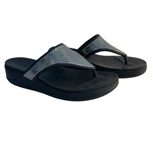 Crocs Monterey Metallic‎ Wedge Toe Post Sandals Size 10 Silver Black Flip Flops